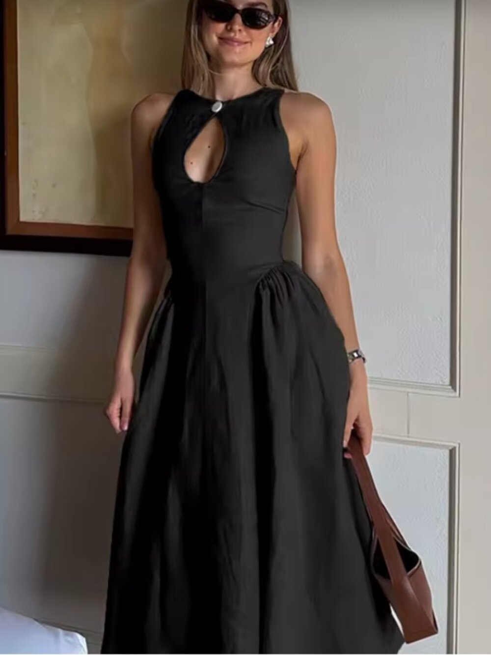 HOLLOW  OUT A LINE SLEEVELESS MIDI DRESS XL BLACK
